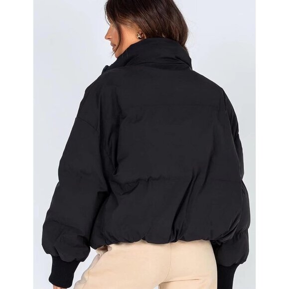 Women Cropped Puffer Jacket Coat Short Warm Quilted Outerwear with Pocket Black - Picture 5 of 7